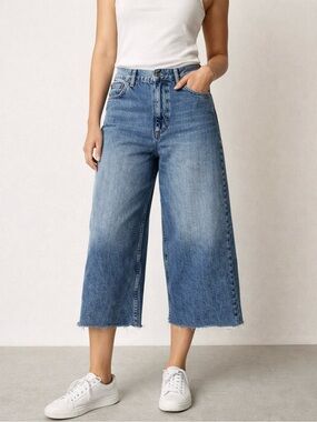 Topshop Women's Cropped Wide Leg Jeans Raw Hem High Rise Blue Denim 18" Inseam